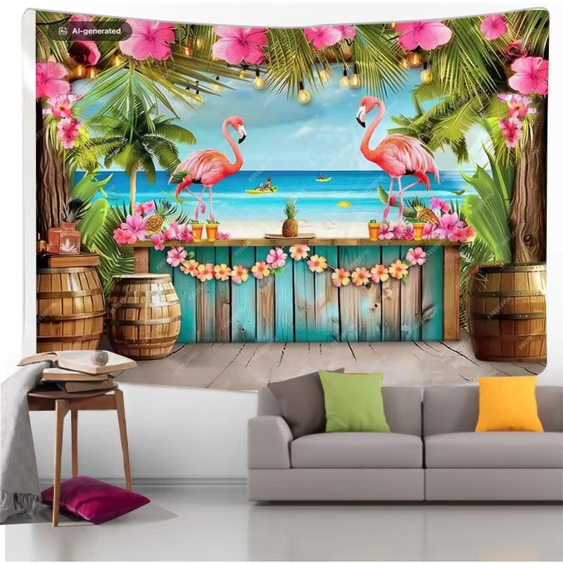VIKAMA Sommerlicher tropischer Fantasie-Wandteppich Flamingo Tiki Bar ALOHA Totem Palme Wohnzimmer Party Hintergrund Raumdekoration