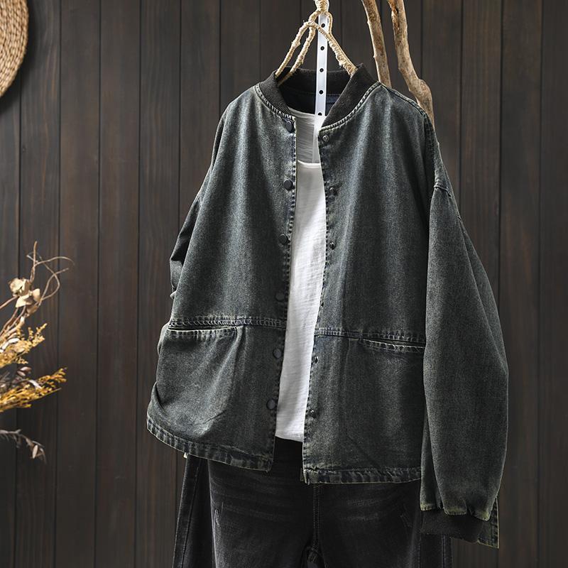 Damen Petites lockere Jeansjacke mit Revers - Frühling Lässig Übergröße