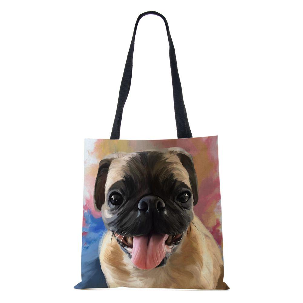 Dog Women Shoulder Bag Shopper Canvas Casual Grocery Handbag Eco Reused Print Painting Vintage Large Capacity Tote Books Bag CLE