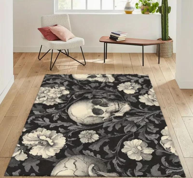 Home Living Room Carpet Gothic Personality Skull Print Floor Mat Non-Slip Foot Mat Flannel Super Soft Living Room Carpet