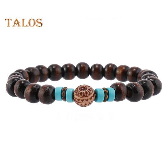 6-teiliges Set mit geflochtenen Armbändern in verschiedenen Formen, Holzperlen-Dekor, Pfauenfeder-Anhänger, Retro-Ethno-Stil, Kunsttürkis-Stein, Steinarmband, Handgelenk