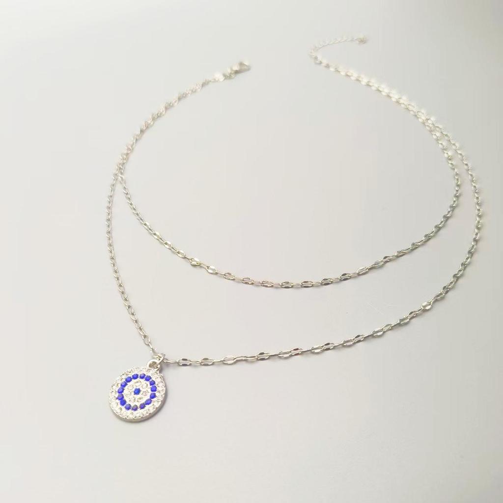 European & American Double Layer Evil Eye Pendant Necklace - Trendy Alloy Retro Chain for Women