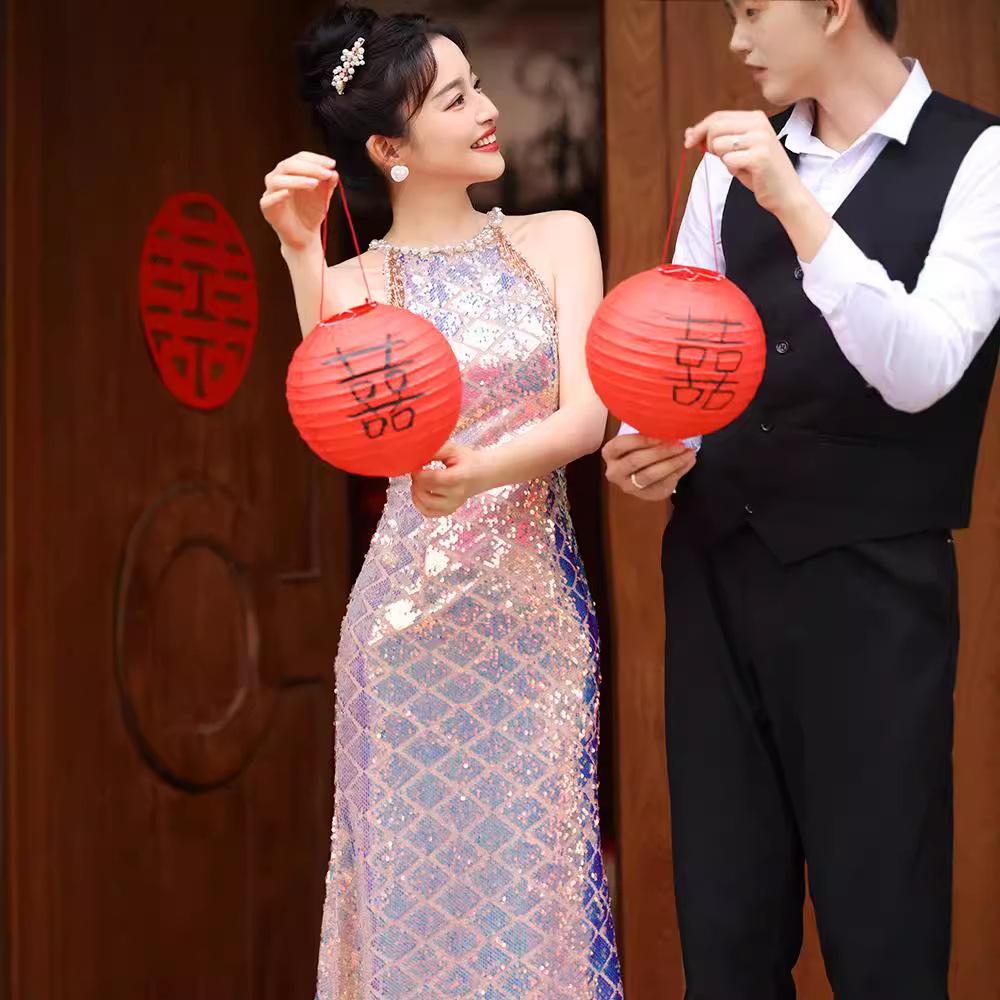 Light Luxury Niche Style Engagement Evening Dress Female Fish Tail Toast Dress Bride Dress Sequins French Summer