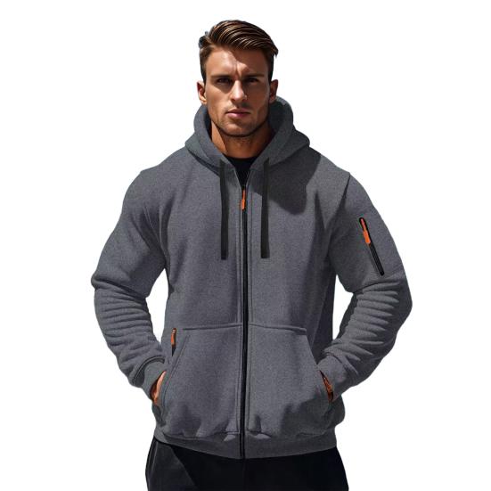 Men Coat Long Sleeve Zipper Closure Hooded Sweatshirt with Large Pockets Solid Color Velvet Thickened Warm Outerwear