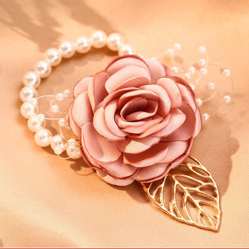 Brățară Exquisită pentru Domnișoare de Onoare cu Flori Artificiale, Panglică Dulce de Nuntă, Fundă cu Perle, Flori de Mână pentru Mireasă, Accesorii de Petrecere, Bal de Promovare, Cadouri