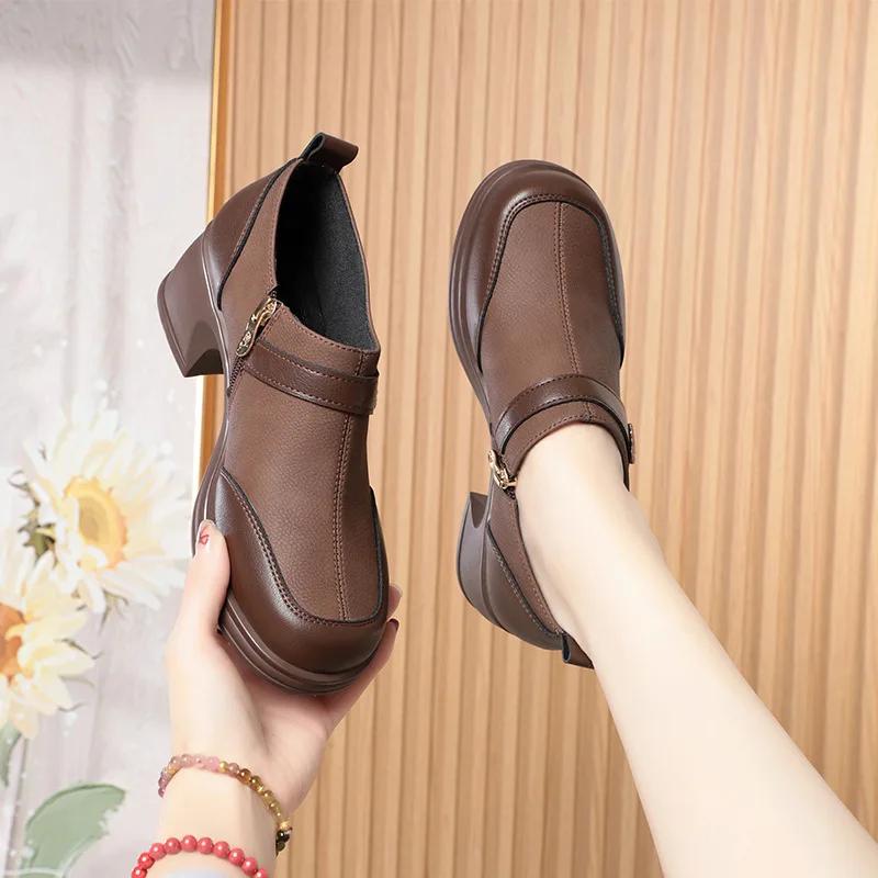 New Slip On Spring Soft Shoes Woman Vintage Ladies Dress Pumps Thick High Heels Platform Shoes Retro Brown Daily