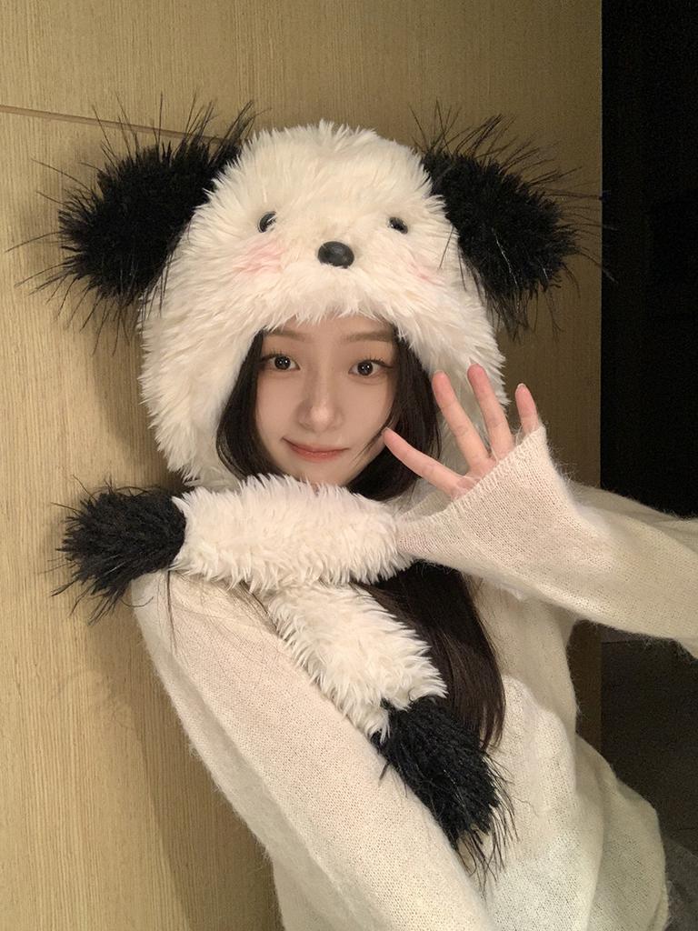 Winter New Cartoon Cute Plush Hat Female Thickened Warm Ears Will Move Puppy Big Head Circumference Plush Hat