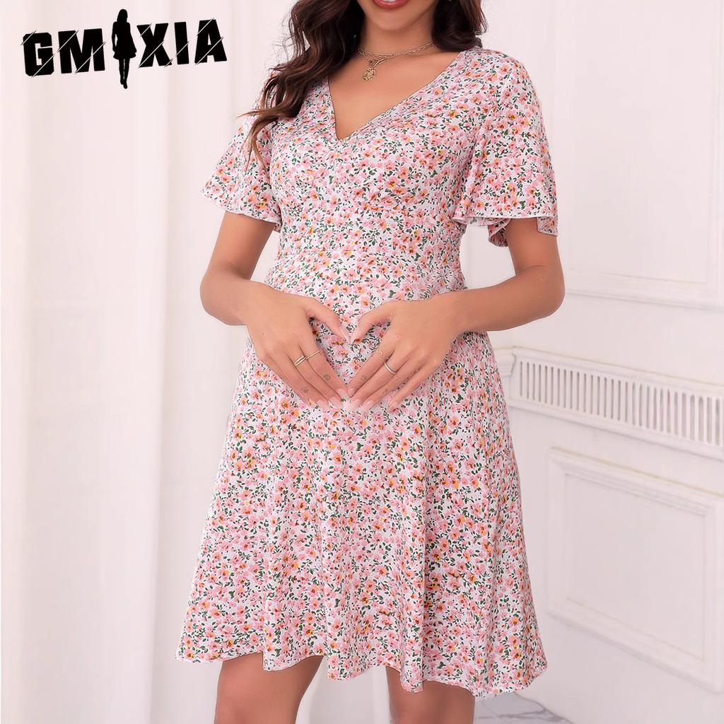 GMXIA Maternity Wear Summer Chiffon Printed Ruffled Dress Tea Break Dress Tied Short Skirt