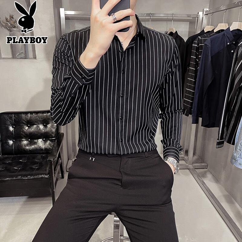 PLAYBOY Men s Slim Fit Wrinkle-Free Striped Business Casual Shirt 3XL