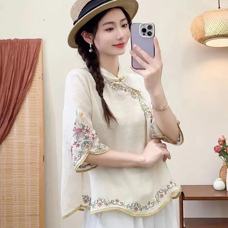 Women Chinese Style Vintage Embroidery Blouses Stand Collar Seven Quarter Sleeve Loose Shirts Summer Irregular Tops