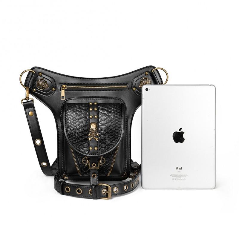 Womens Punk PU Shoulder Bag With Rivets Chain Detail Tactical Waist Pack Halloween Outdoor Riding Daily Wear