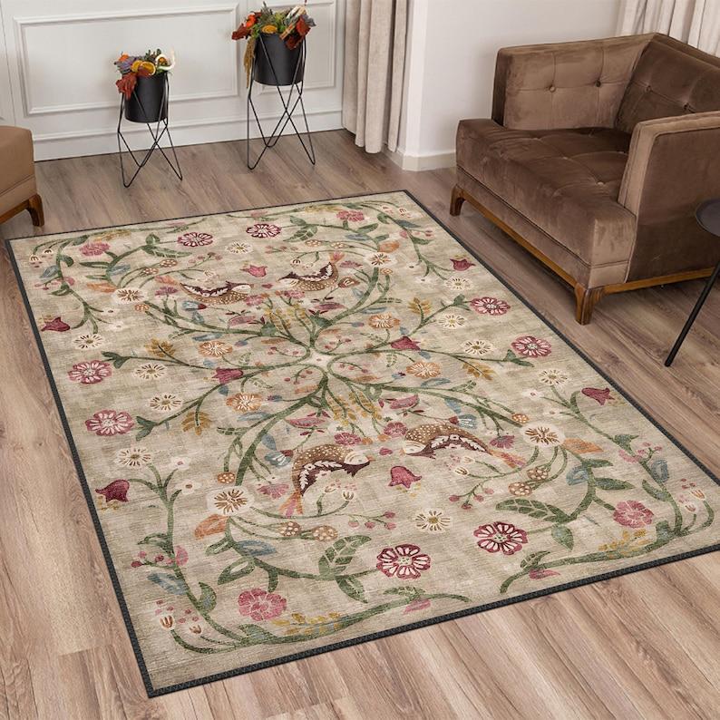 Boho Chic Türkischer Traditioneller Floraler Teppich Waschbar Rutschfest Groß Distressed Bereichsteppich für Wohnzimmer Schlafzimmer Dekor