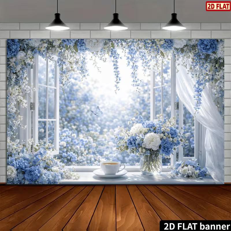 2D Blue and White Flower Themed Wedding Backdrop Photo Background Banner