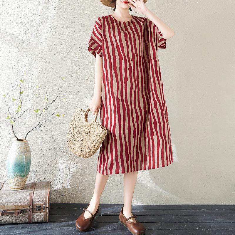 

Summer Cotton-Linen Printed Knee-Length Short-Sleeve Dress for Women Plus Size