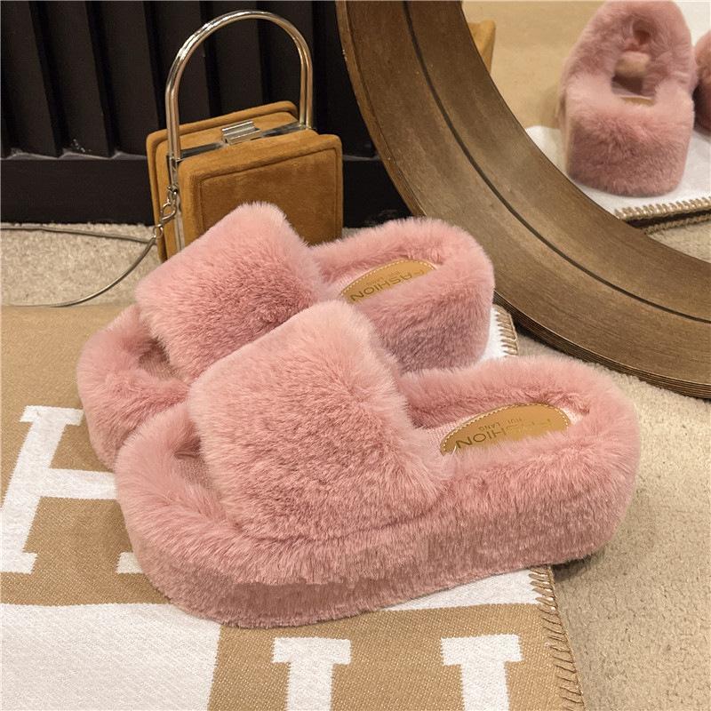 Internet Celebrity One-word Fluffy Slippers Women 2025 Autumn and Winter New Popular Versatile Thick Bottom Heightening Plush Cotton Drag Outside Wear