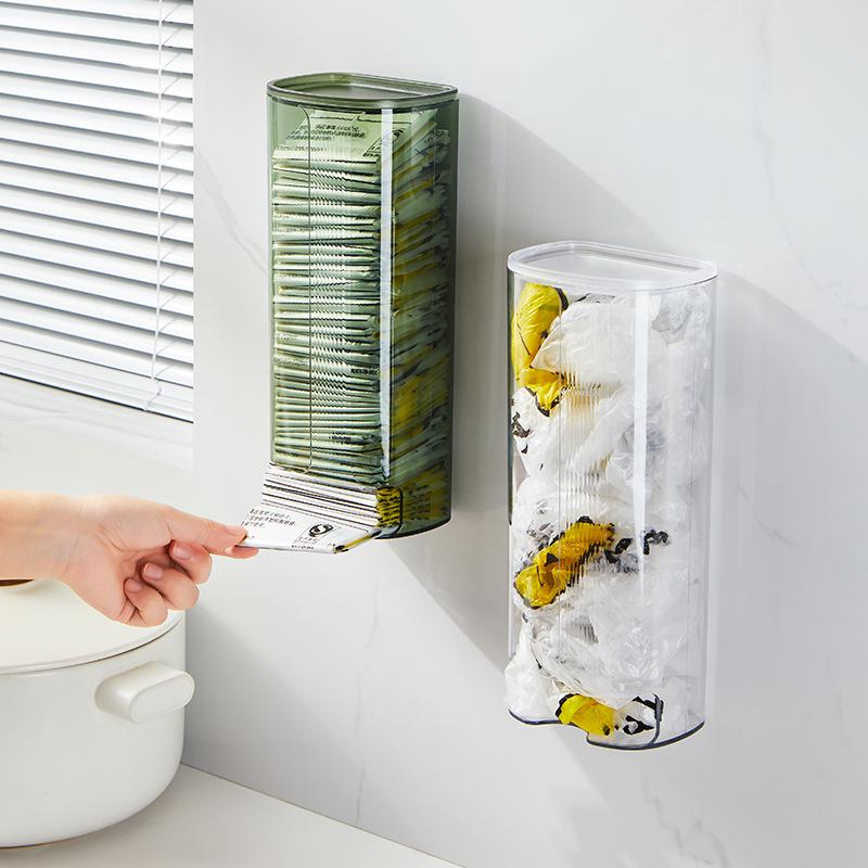 Punch-Free Wall-Mounted Trash Bag Storage Box - Transparent Plastic Wrap Sleeve Organizer for Kitchen