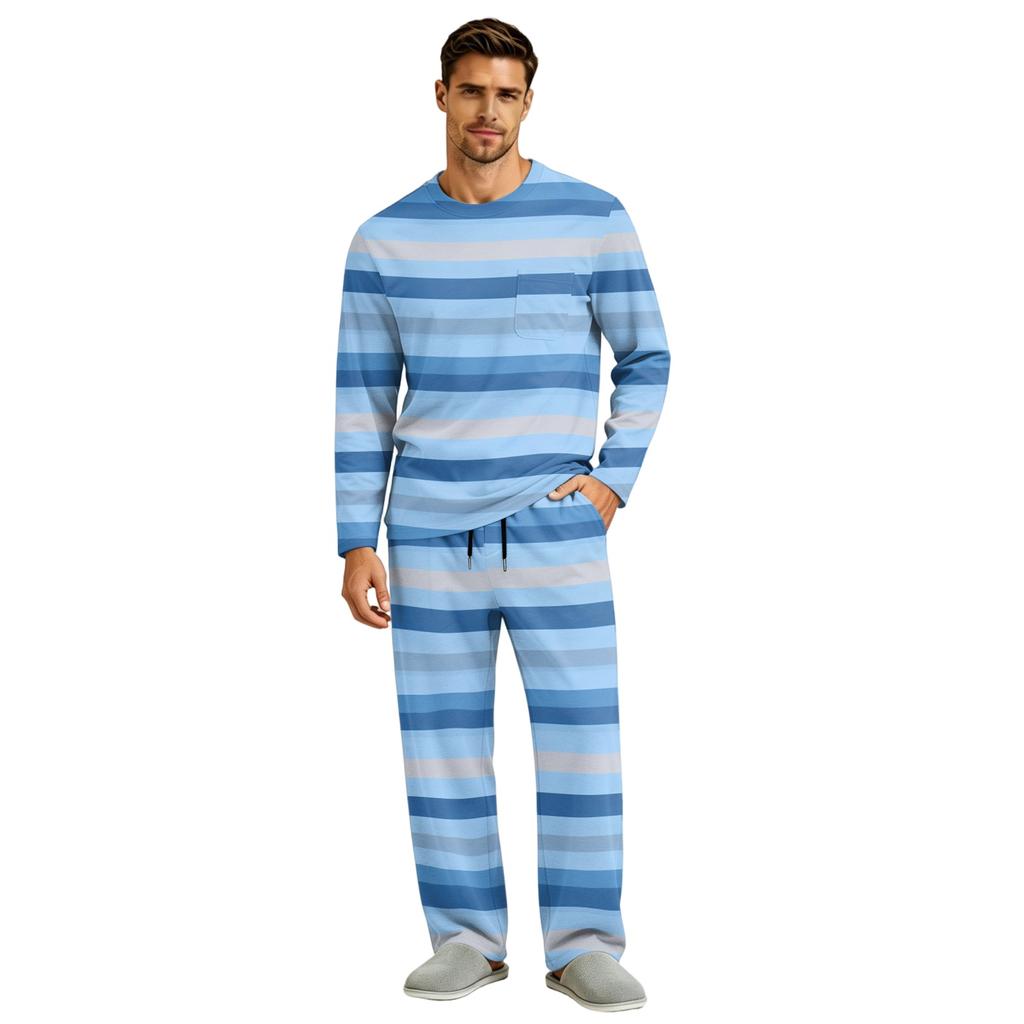 Men's Long Sleeve Pajama Set with Button Crotch and Elastic Drawstring Waist Pants for Home Loungewear