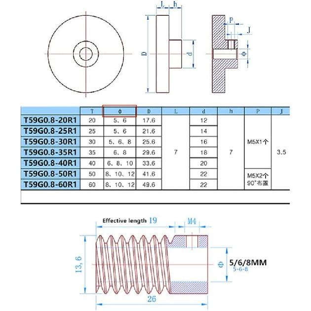 0.8M 304 Stainless Steel Worm Brass Gear Turbine Worm Gear Set 1:20/30/40/50/60 Teeth Industrial Accessories 1set (Color : Worm 5mm, Size : 20