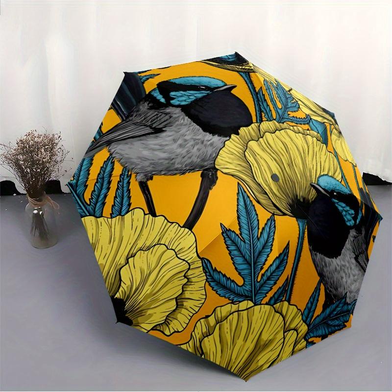 1pc Floral Birds Automatic Open/close Folding Compact Umbrella, 8-Rib Sturdy Canopy, Lightweight Portable, Everyday Use, Gift, Outdoor Umbrella, Trave