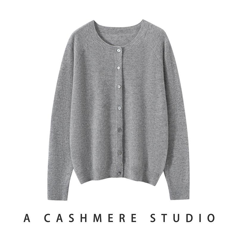 Women's 100% Pure Cashmere Round Neck Cardigan - Autumn/Winter, Loose Fit, Solid Color, Cozy Knit Sweater.
