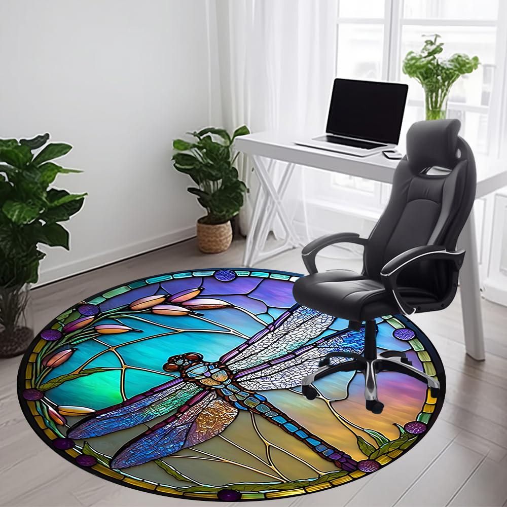 1PC Dragonfly StainedGlass Office Round Area Rug, Mat Suitable ForOffice, Under Office Chairs Bedroom Living Room Home Decor, Room Deco
