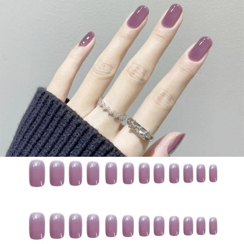 24Pcs Short Matte Ash Purple Press On Nails Full Cover Fake Nails Removable Acrylic Nail Art Decoration