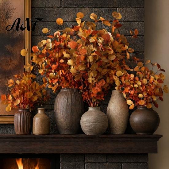 Boho Thanksgiving Greenery Decor Fall Eucalyptus Stems, Artificial Leaves, Fake Branches, Harvest Home Flowers for Wedding Centerpiece Autumn