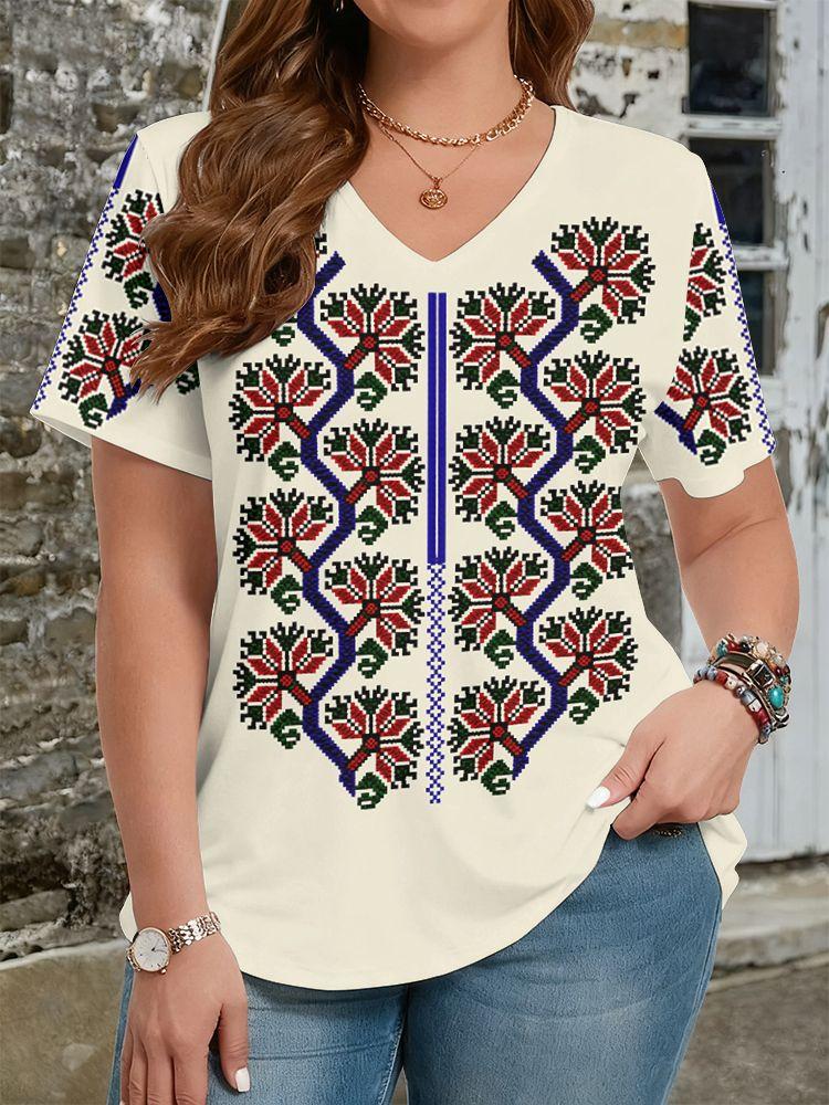 Ethnische Stil Blumen T-Shirts 3D Druck Sommer Damen V-Ausschnitt Kurzarm T-Shirt Y2k Harajuku Tees Lässige Oberteile Damenbekleidung