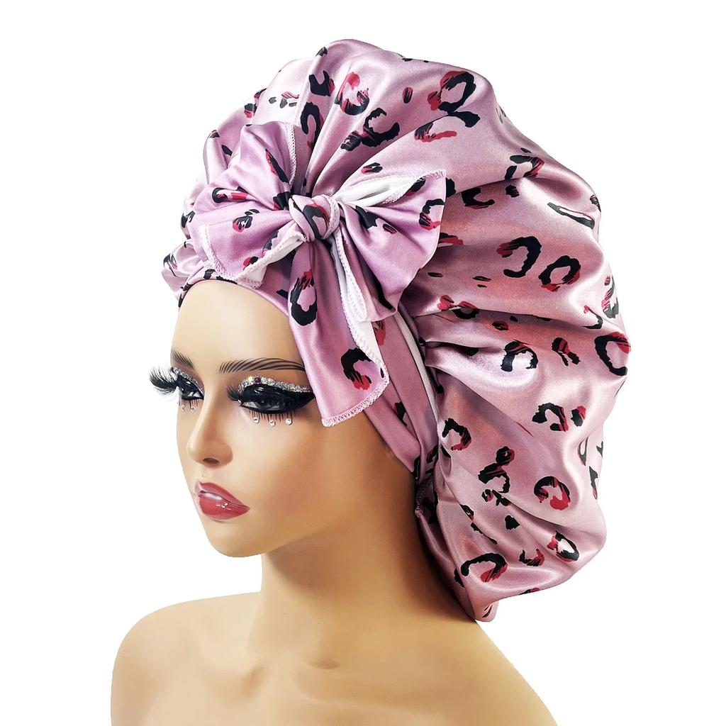 New Large Satin Bonnet Silk Night Sleeping Cap with Head Tie Band Bonnet Edge Wrap for Women Curly Braid Hair