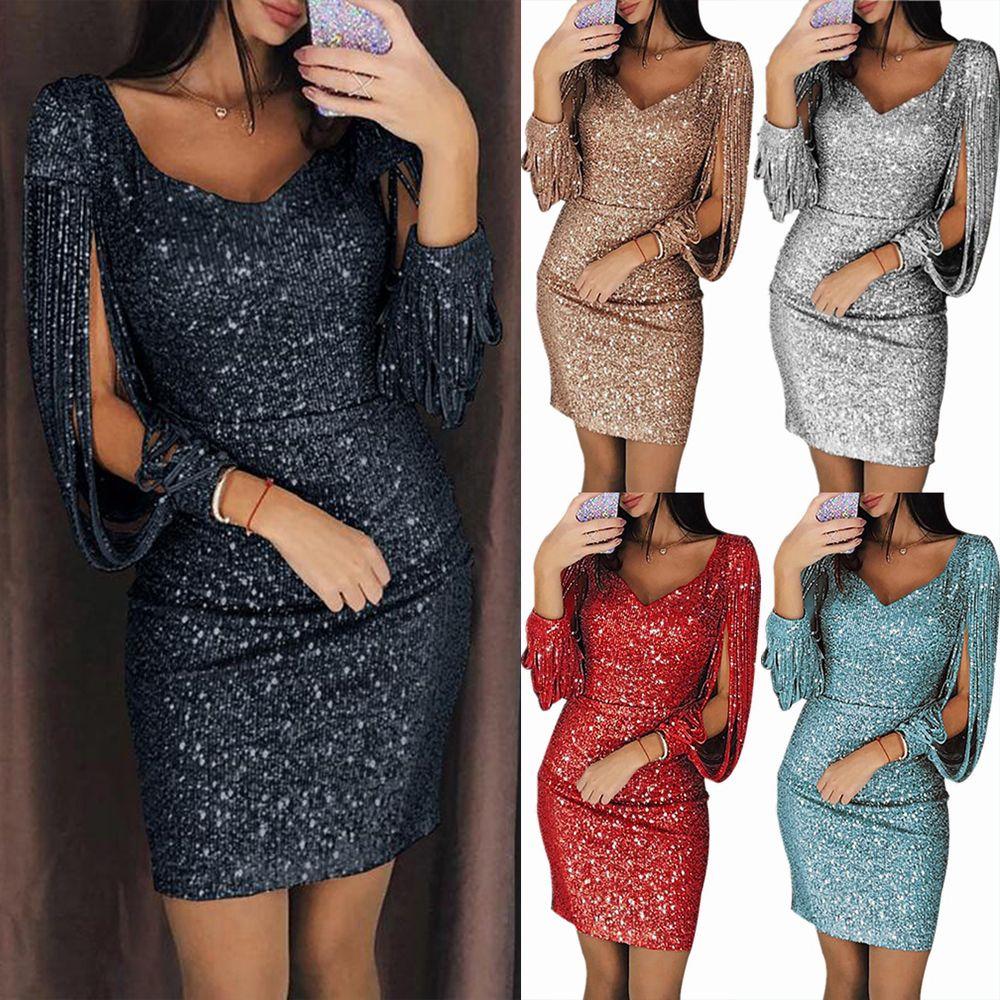 Cocktail Sequins Slim Dress Midi Party Dress Women Bodycon Dresses Ladies Sexy Tassels Dress