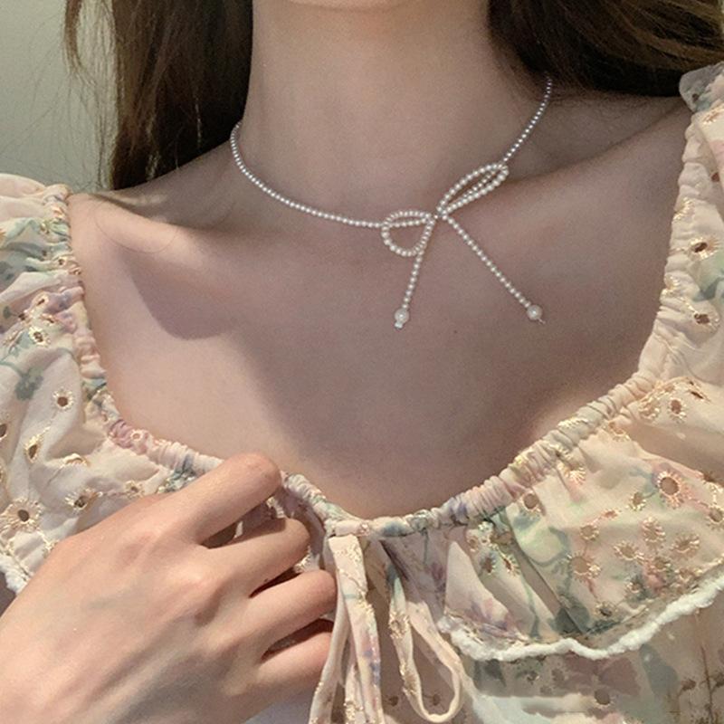 Super Fairy Pearl Crystal Bow Necklace Female Niche Retro Personality Versatile Temperament Fashion Neck Chain Collarbone Chain