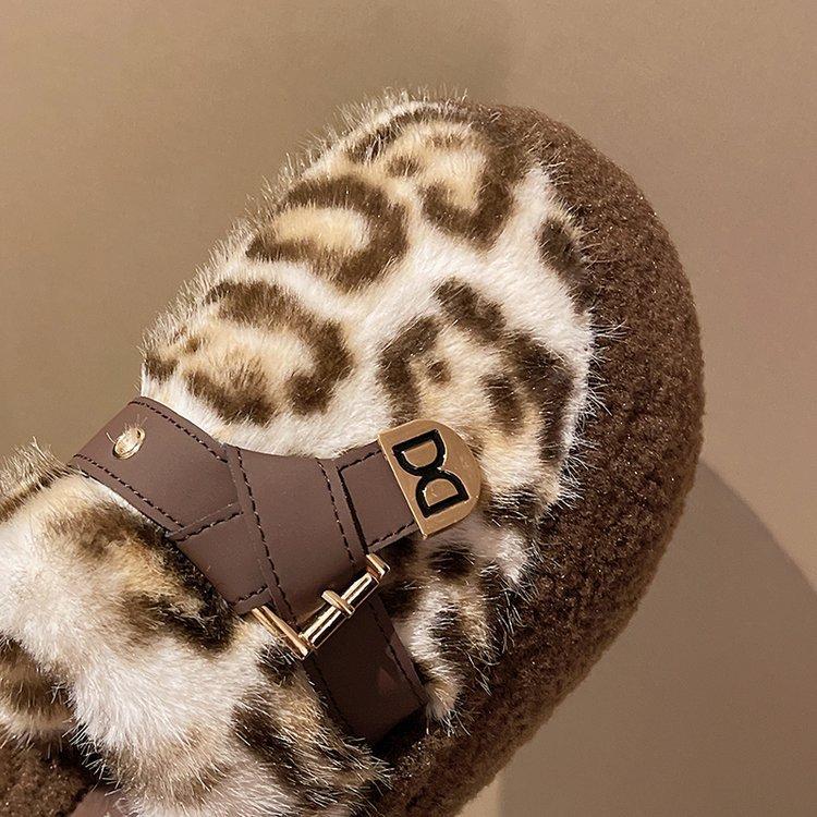 2025 Autumn and Winter New Leopard Print Bag Head Half Slippers Women's Thick Bottom Home Lazy Warm Versatile Outer Wear Mao Mao Shoes Tide