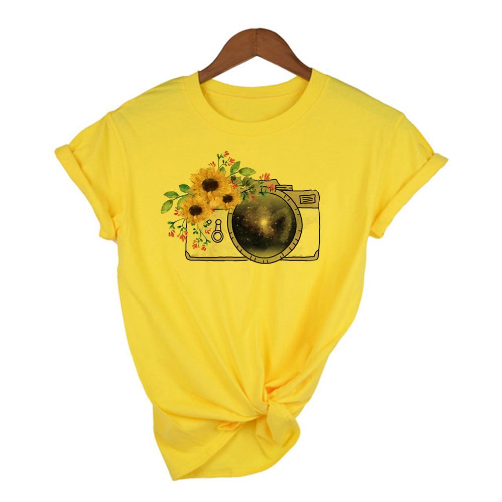 Women Graphic Sunflower T Shirt Watercolor Female Print Vintage World Compass Camera Flower Ladies Camisas Mujer