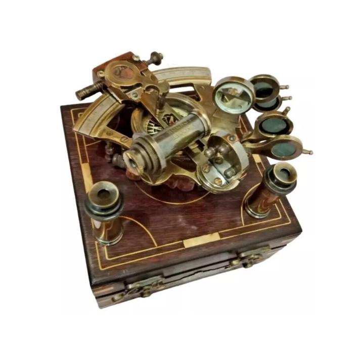 Vintage Maritime Brass Nautical 4 inches Sextant with Wooden Box Marine
