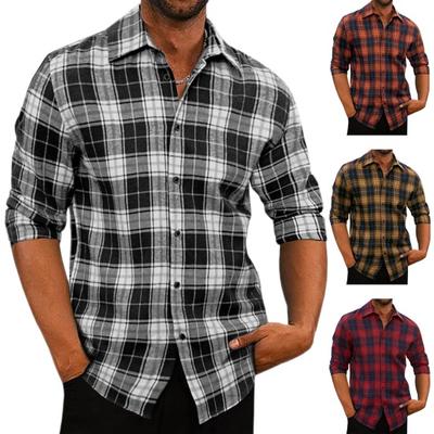 Men Spring Shirt Colorblock Plaid Print Single-breasted Loose Long Sleeve Lapel Buttons Streetwear Casual Cardigan Business Shirt Coat