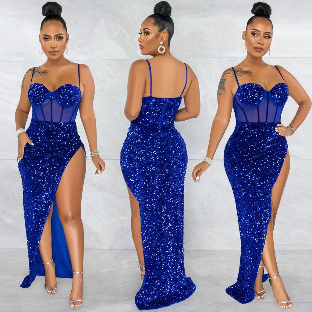 X5843 Europejska i Amerykańska Sukienka z Cekinowej Siateczki na Ramiączkach Spaghetti z Nieregularnym Rozcięciem dla Kobiet