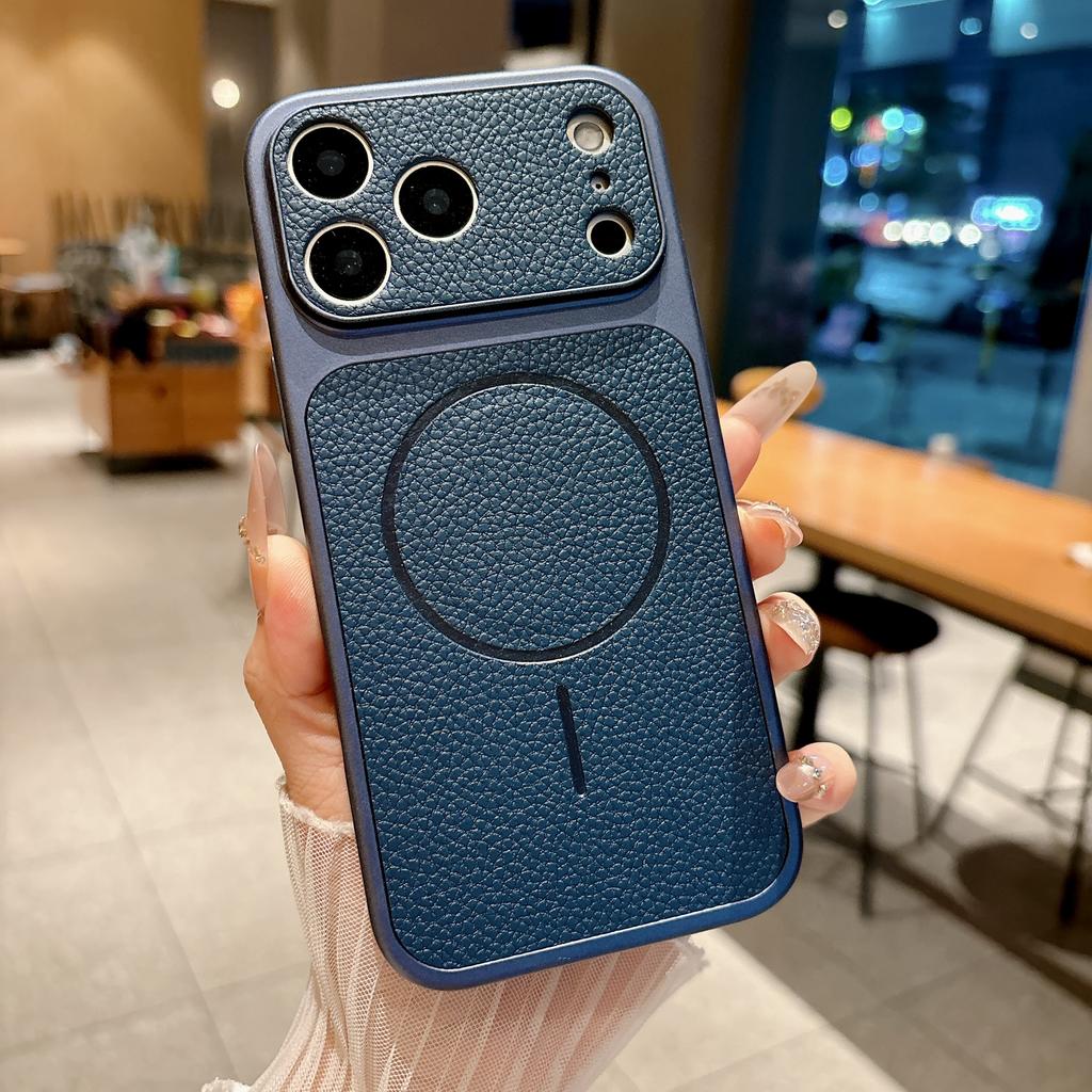ForMagsafe Litchi Texture Leather Magnetic Case For iPhone 17 Air 16 15 14 13 Pro Max Frosted Large Window Shockproof Cover