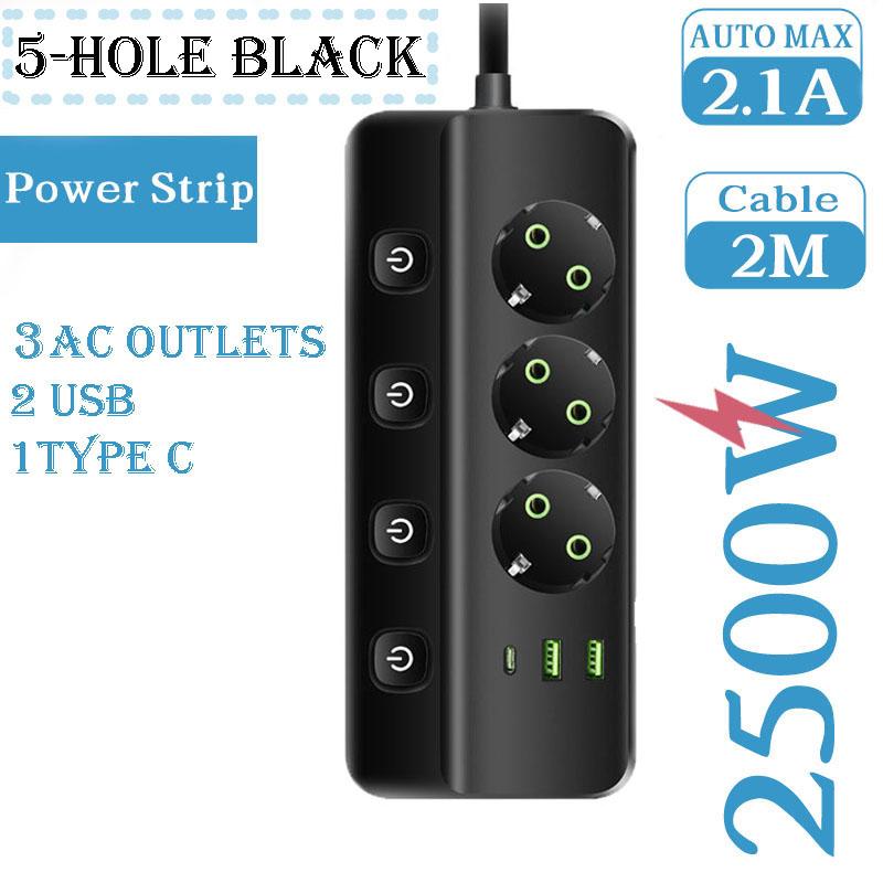EU Plug Electrical Socket 3/5 AC Outlets+2 USB+1Type C 8-in-1 Adapter Multitap Fast Charging Power Strip With 2M Extension Cord