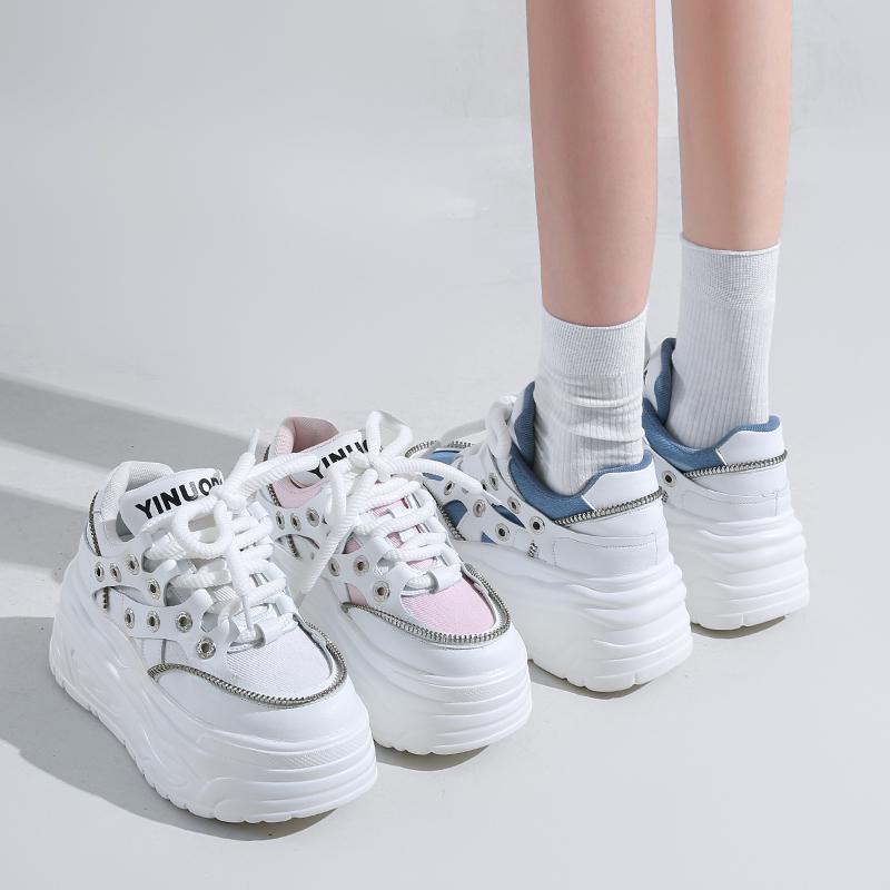 Fashion 2025 New 8cm High-Heel Leather Women's Shoes, Chunky Sneakers with Wedge Platform Design, Suitable for Autumn and Spring Seasons