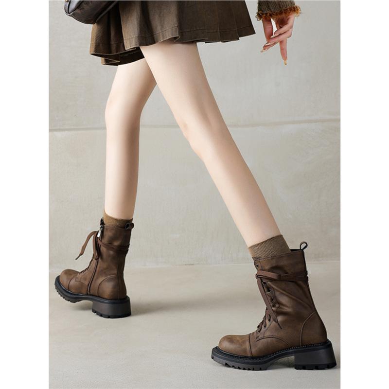 Travel Leather Brown Sweet Cool Middle Heel Martin Boots Women's Summer Xinjiang Boots 2025 New British Lace-up Short Boots