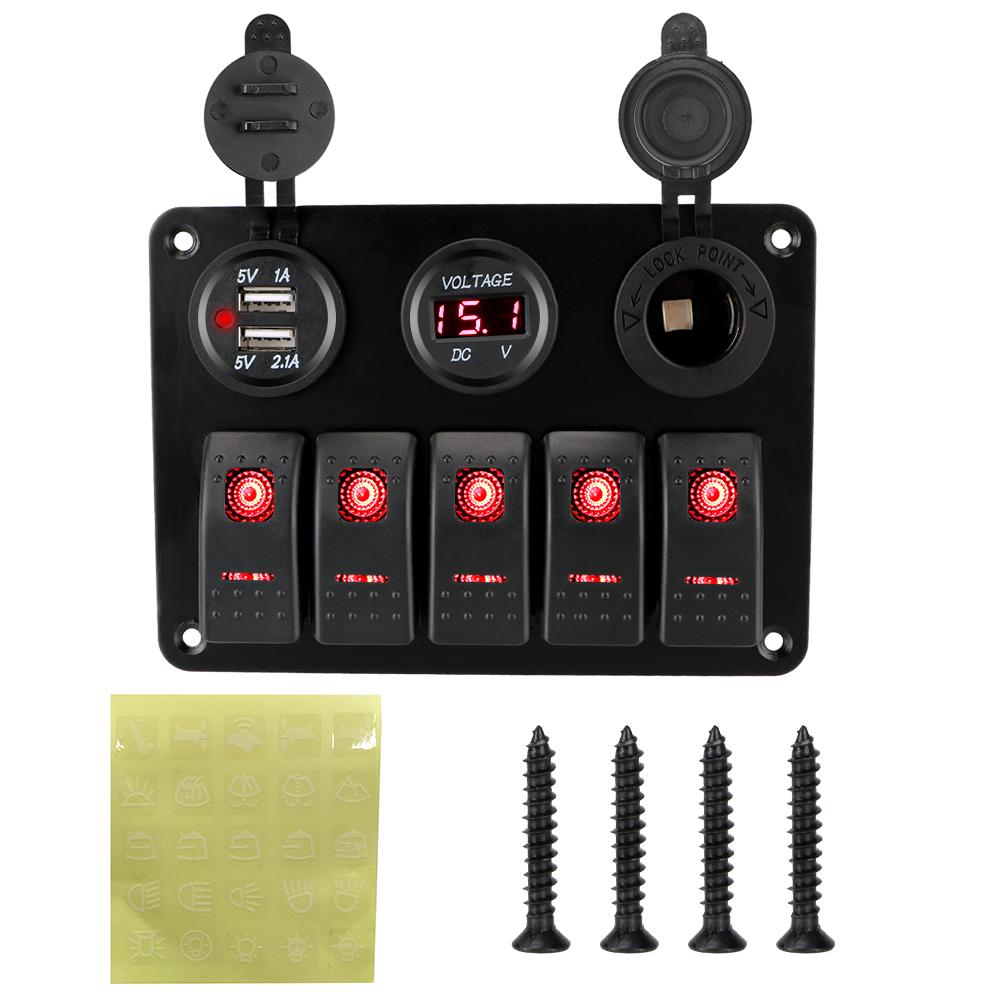 Dobbel USB-sporsocket 12/24V uttak Kombinasjon Digital spenning Vanntett for Marine Car Rv Vehicles Lastebil med sikring 5 Gangs LED Vippebryterpanel