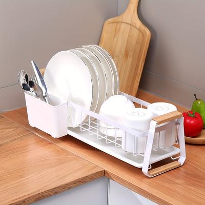 Narrow Kitchen Countertop Dish Rack with Drip Tray & Detachable Cutlery Holder, Dish Drying Drain Rack for Kitchen Sink