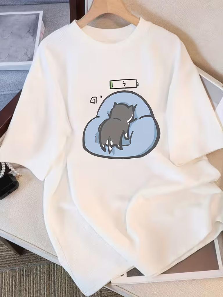 Funny Lazy Cat Low Battery Casual Short Sleeve Cute Cartoon Kitten TShirt Soft Loose Fit Crew Neck Top for Unisex Daily Wear