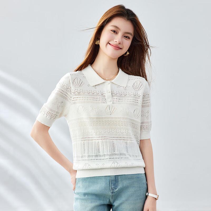CARBAMMI Women's Short Pure Cotton Hollow Knit Polo T-Shirt