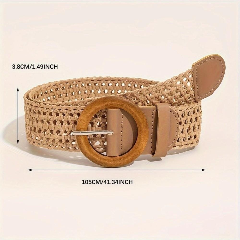 Round Buckle Waist Belt Straw Braided Belt Retro Woven Waistband for Holiday