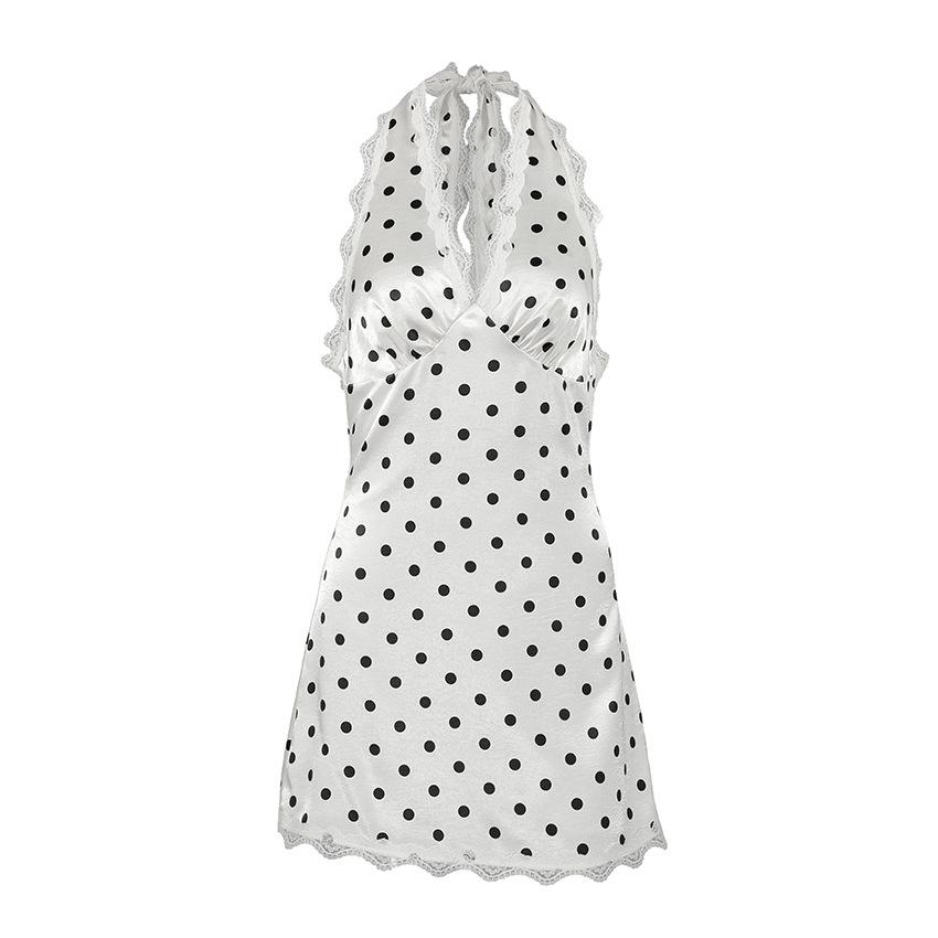 Holiday style European and American lace splicing polka dot neck strap dress women's design sense slim fit sexy sleeveless backless