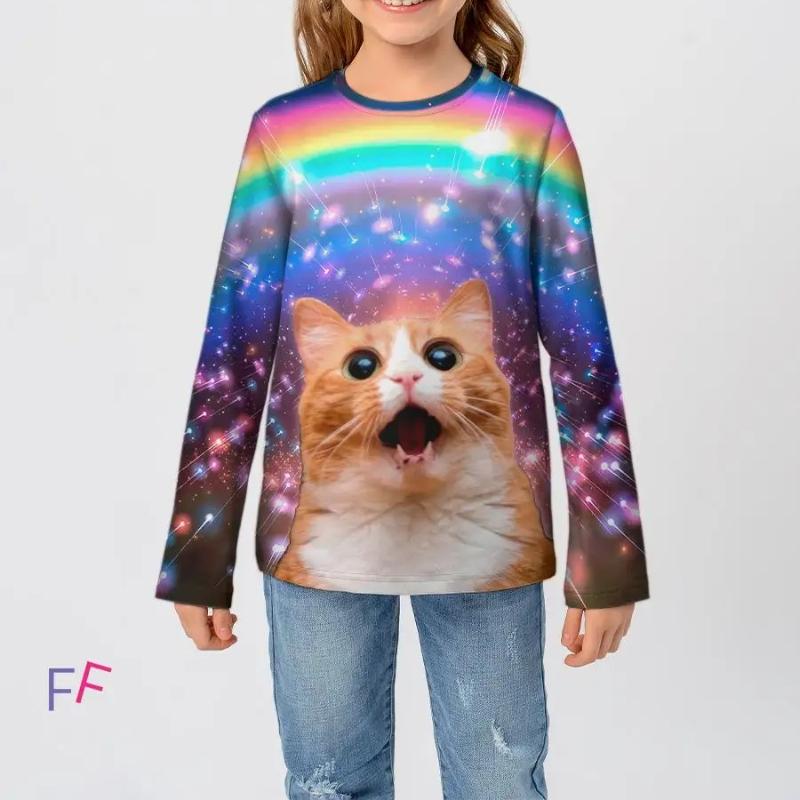 Children's Cartoon Animal Cat Dog Print Colorful Cute T-shirts Boys Long Sleeved Fashionable Soft Comfortable Top