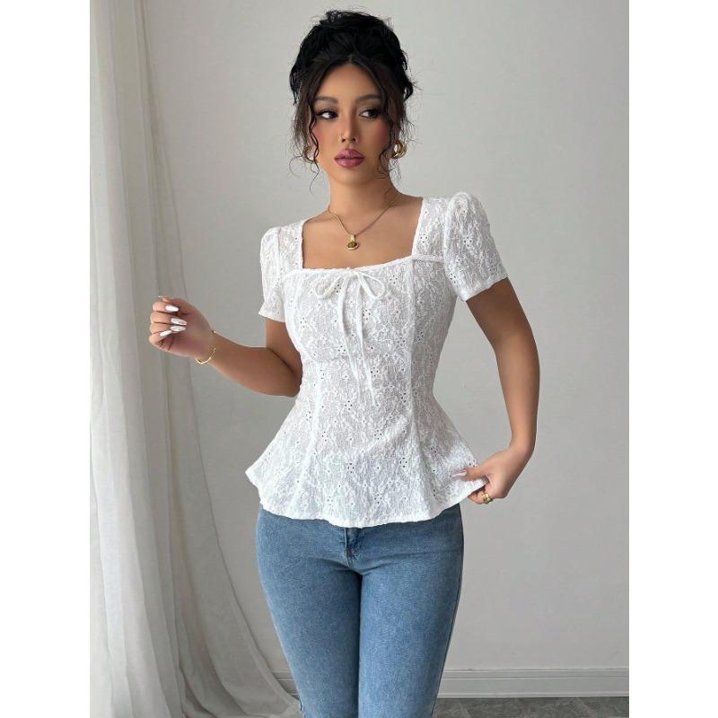 Women's Summer Fashion Elegant Casual Lace Shirt Square Neck Bow Short Sleeve Top