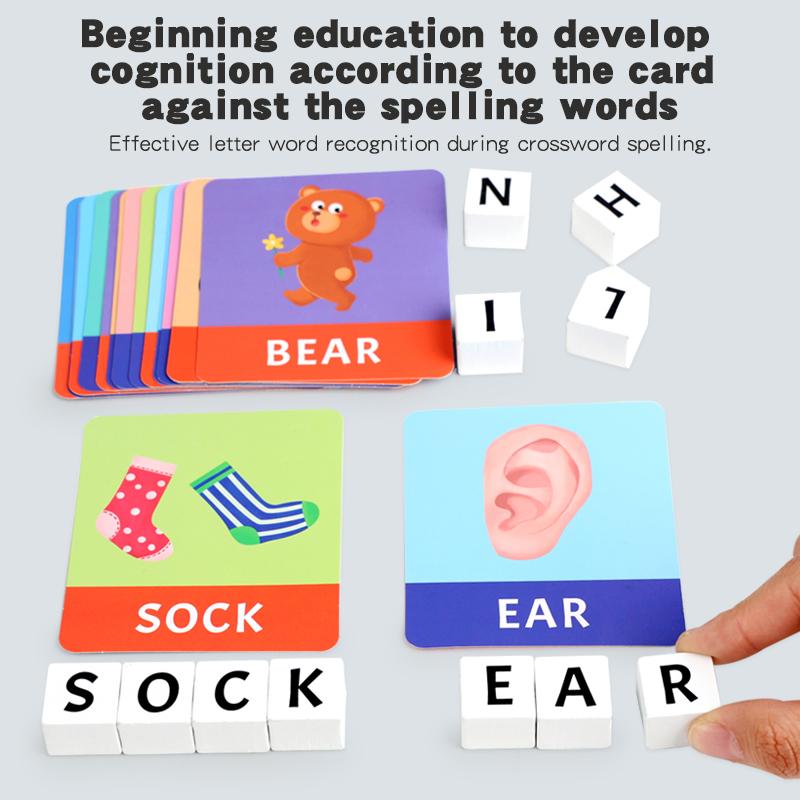Wooden Building Block Puzzle Alphabet Spelling Educational Toy Letter Recognition Logical Thinking Learning Playset for Kids