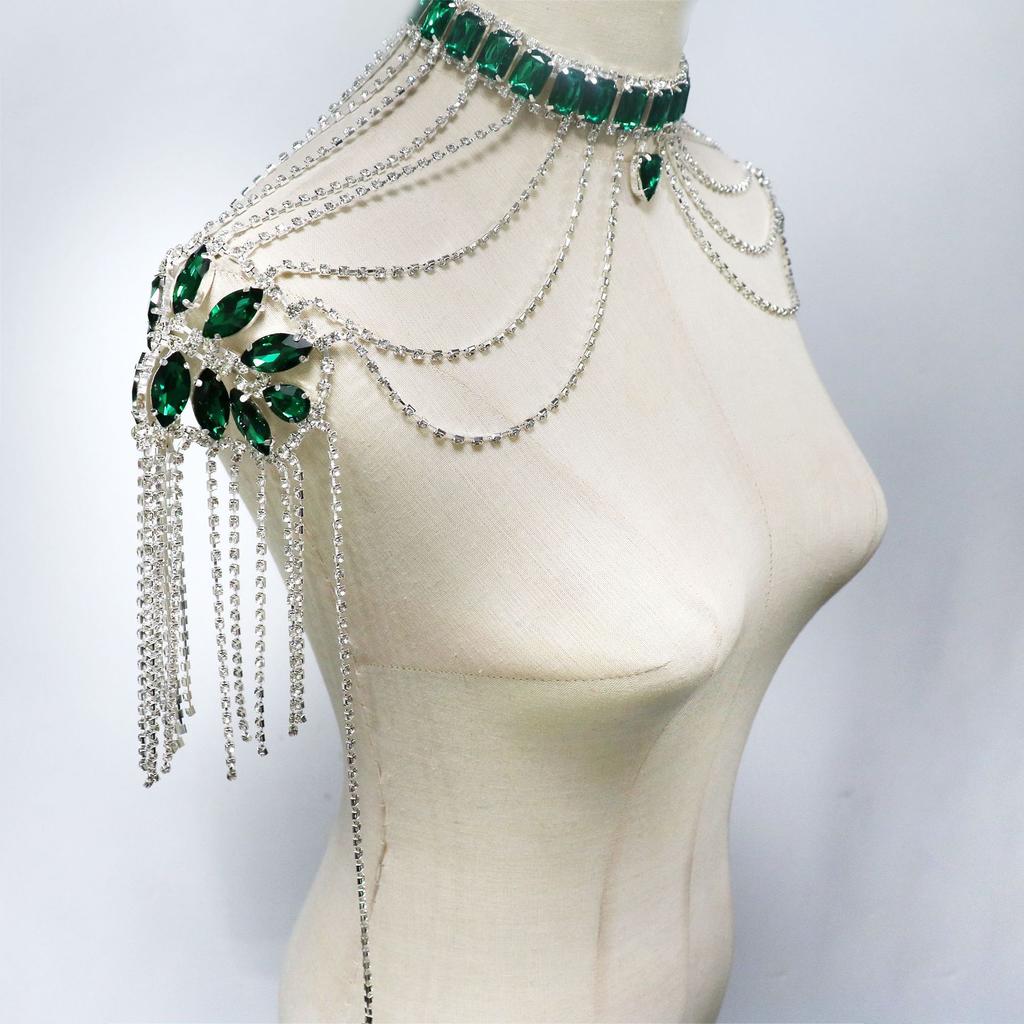 Rhinestone Shoulder Chain, Green Love Pendant Rhinestone Shoulder Chain, Dinner Party Shoulder Chain Body Jewelry Women